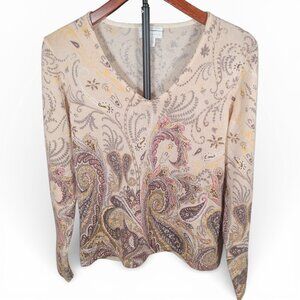 Paisley 100% Cashmere V-Neck Sweater Large‎ 2-Ply Soft Boho Preppy Academic Chic